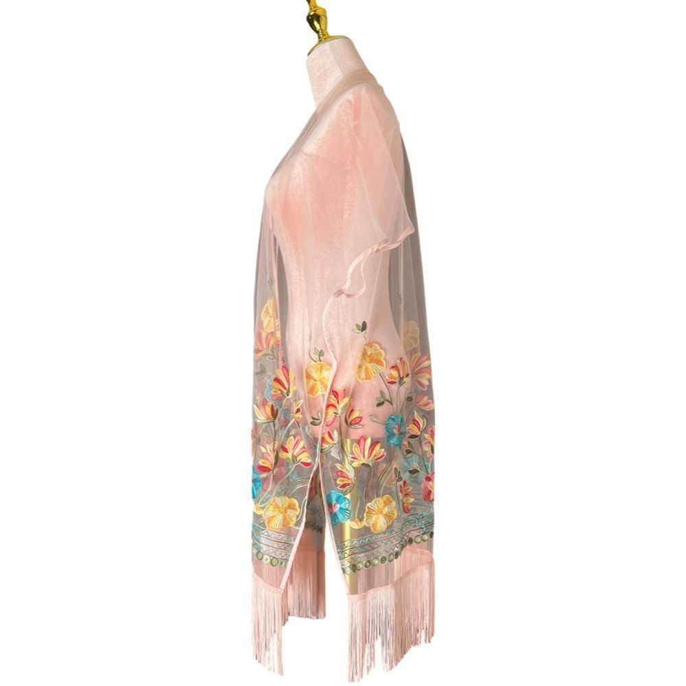 Haute Hippie Pink Mesh Floral Embroidered Fringe Boho, Festival Kimono, OS. NWT! - Picture 3 of 16
